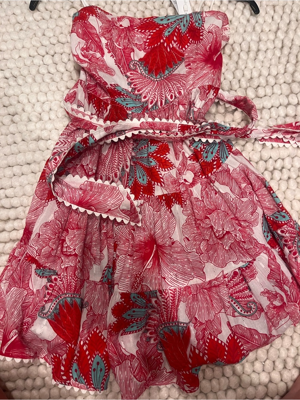 Poupette St. Barth Red & Aqua Floral Strapless Dress RARE Christine Bandeau Dre